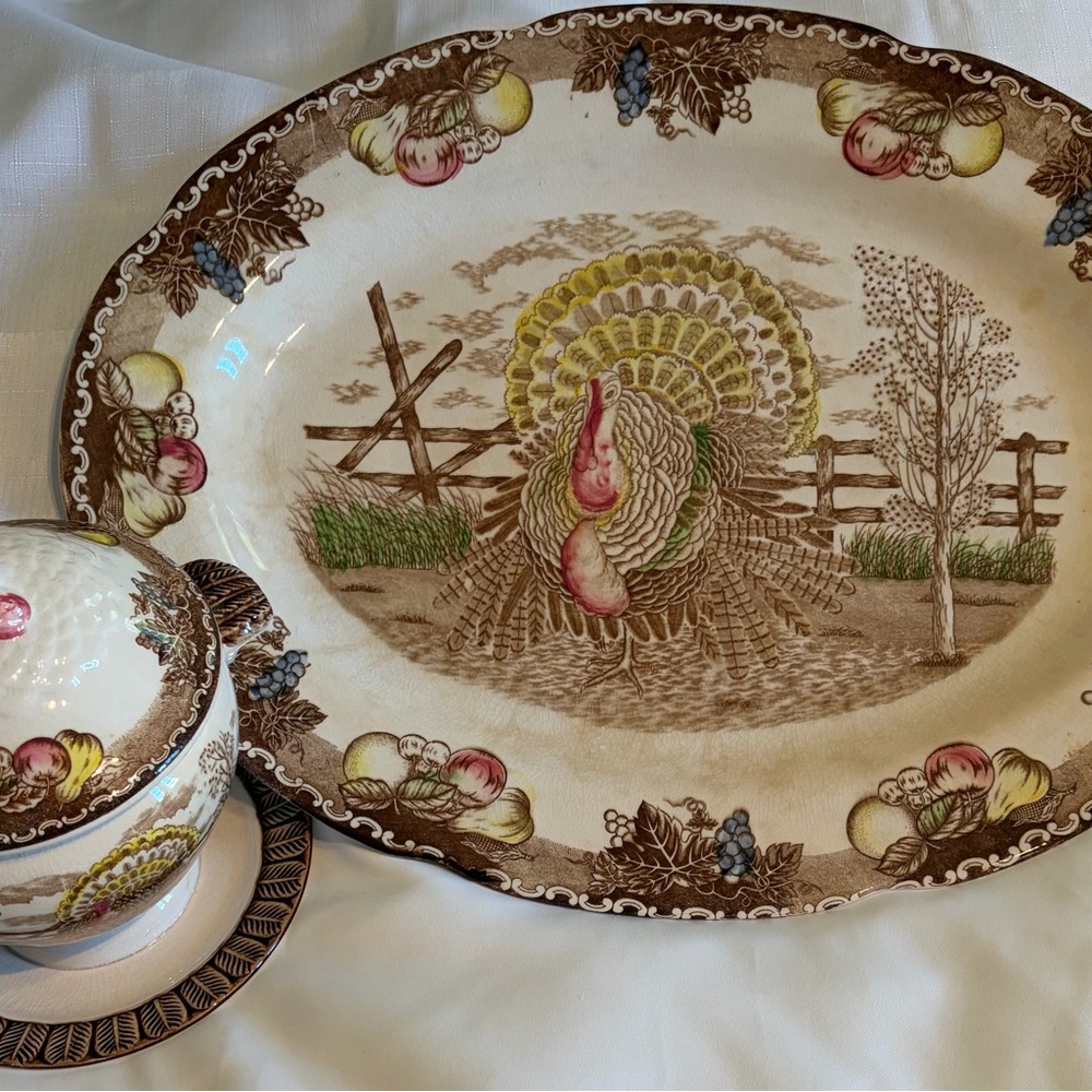 Vintage King Tom Turkey Platter & Covered Gravy Boat Ironstone Thanksgiving Set